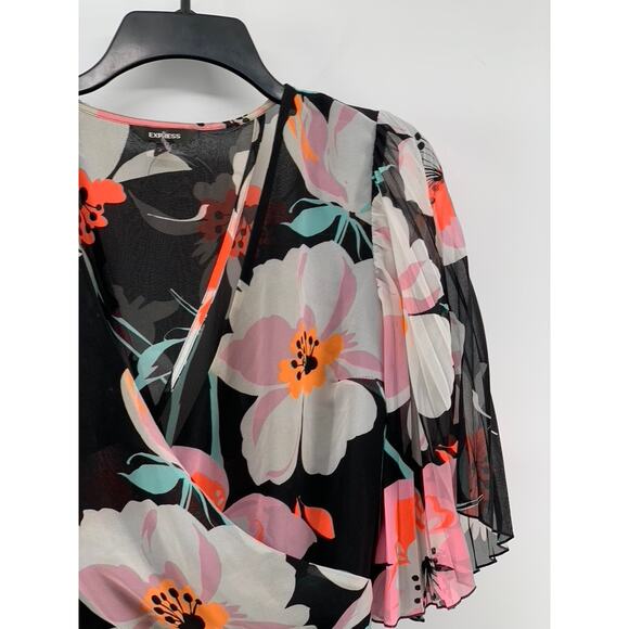 EXPRESS Women's Black Floral Print Sheer Wrap Tie Long Pleated Sleeve Top SZ L - Picture 8 of 12